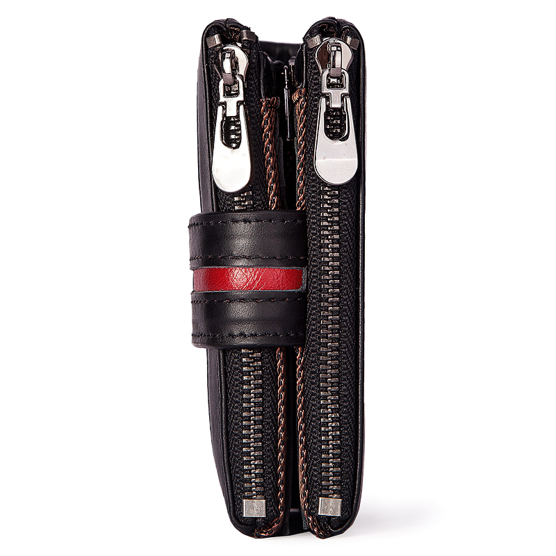 Trendy multifunction black leather wallet with zippers, perfect for cards and coins. Stylish organization on the go!