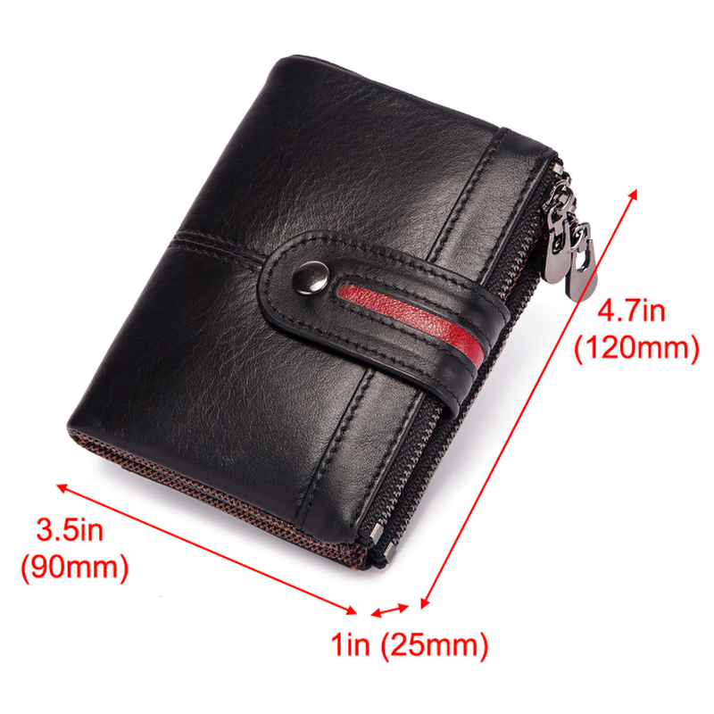 Men's genuine leather multifunction wallet with zipper, measuring 4.7x3.5x1 inches, stylish and practical for everyday use.