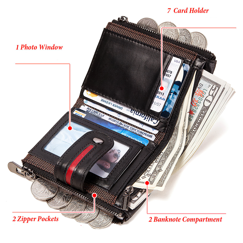 Inside view of a genuine leather multifunction wallet, featuring card holders, photo window, pockets, and compartments.