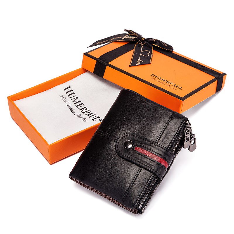 Fashionable black genuine leather wallet with zipper, presented in an elegant gift box from Humperpull.