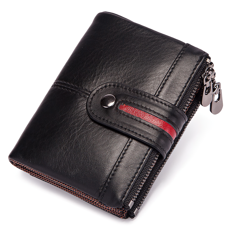 Cool black genuine leather wallet with red accents, perfect for stylish organization of cards and coins.