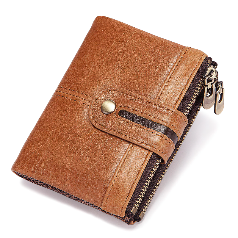 Men's genuine leather multifunction wallet in brown, stylish design with zipper for cards and coins, perfect for organization.