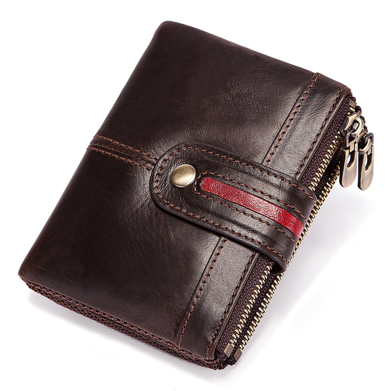 Fashionable men's genuine leather wallet with zipper and stylish red accent, perfect for cards and coins.