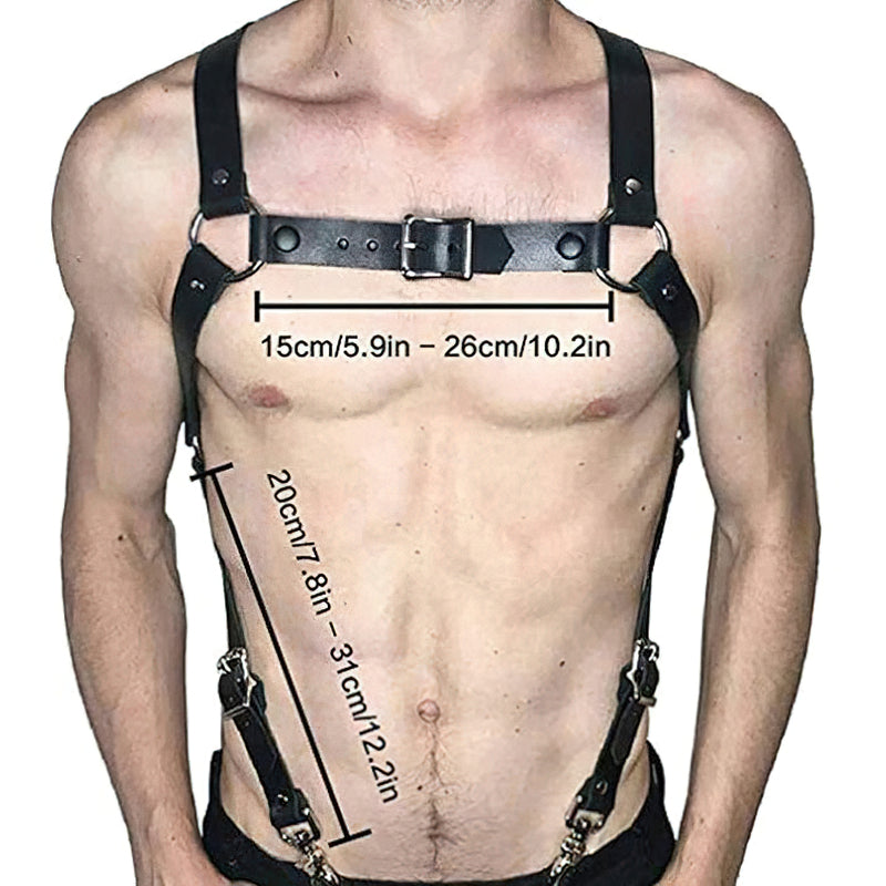 Stylish men's leather body harness with adjustable metal clips, showcasing a trendy and sexy fashion statement.