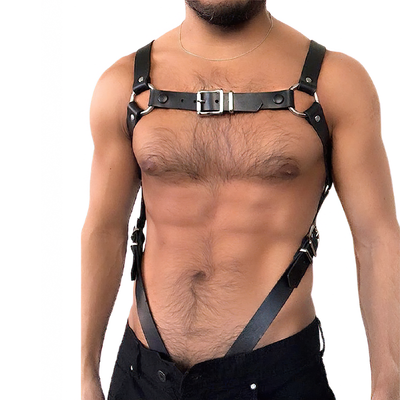 Stylish men's leather body harness showcasing a sleek design with adjustable straps and metal clips.