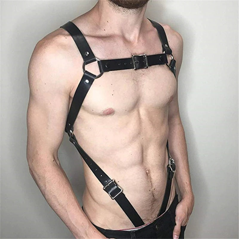 Stylish men's leather body harness featuring adjustable straps and metal clips for a chic fashionable look.