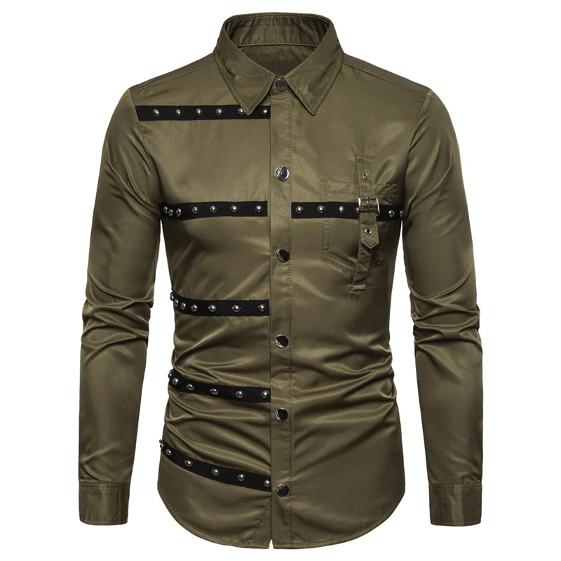 Stylish men's long sleeve shirt with rivets, featuring fitted cut and two color options for a trendy casual look.