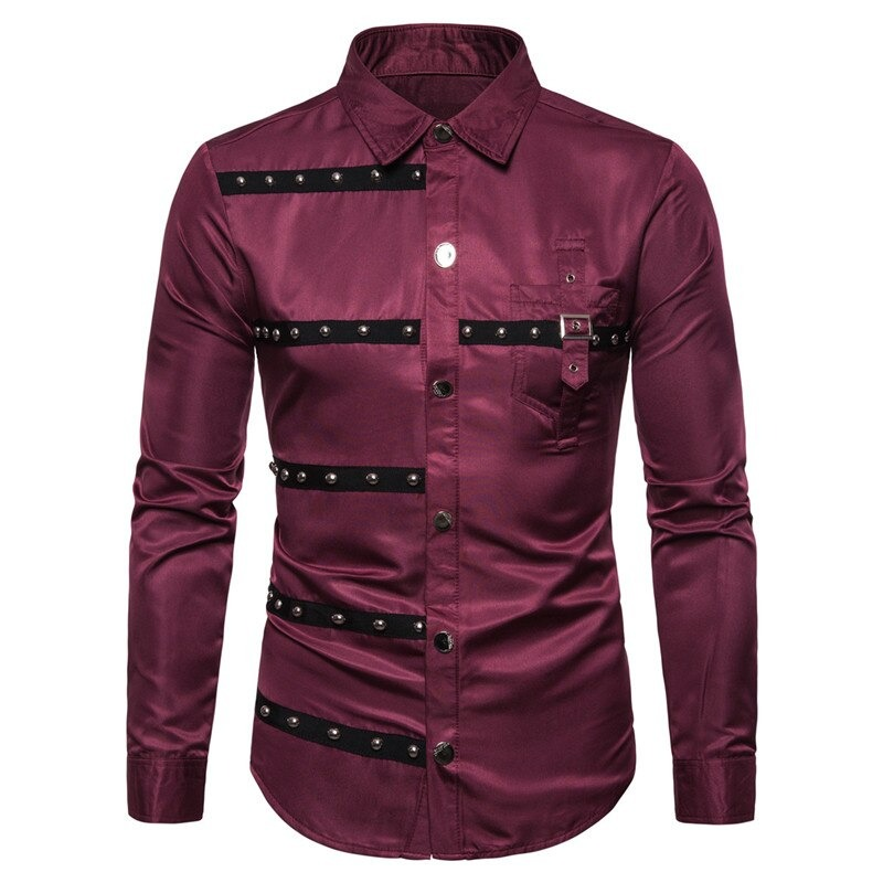 Fashionable men's long sleeve shirt in burgundy with stylish rivets, perfect for casual and alternative styles.
