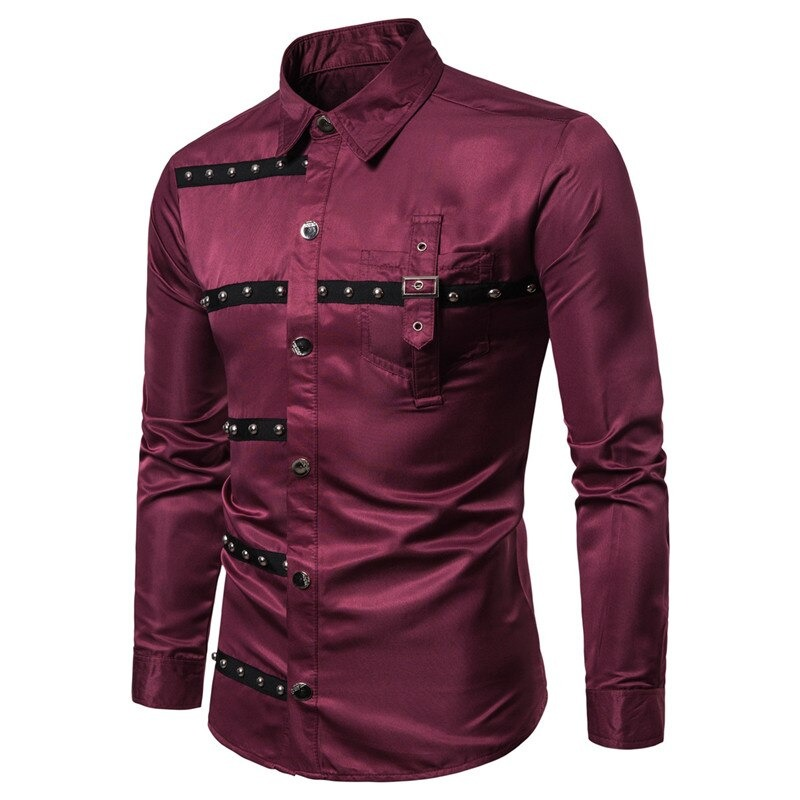 Men's long sleeve maroon shirt with rivets, stylish casual attire for a trendy look.