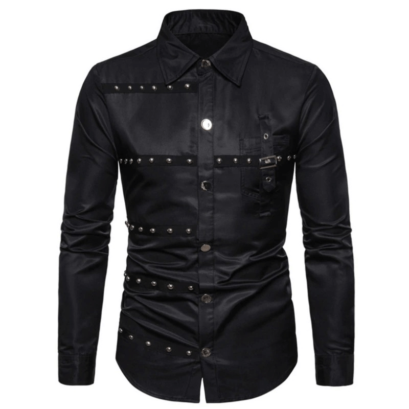 Men's long sleeve black shirt with rivets and stylish design, perfect for casual alternative fashion.