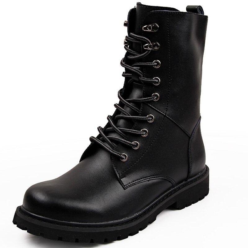 Men's black high top leather boots with lace-up design, perfect for military and casual styles.