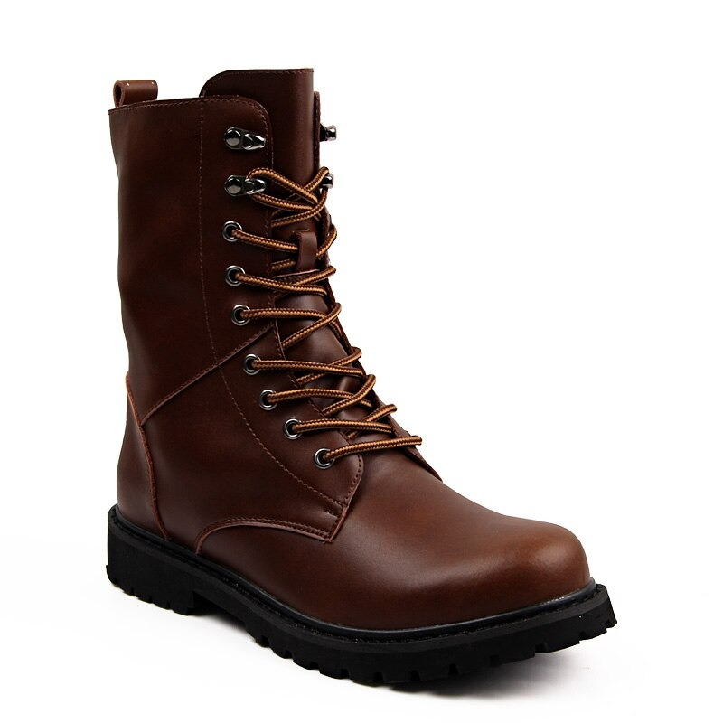 Brown high top men's leather boots with lace-up design, perfect for casual and military style outfits.