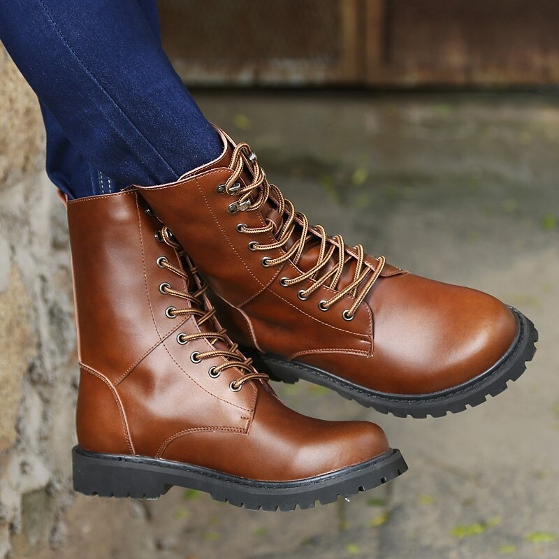 Stylish brown high top military combat boots featuring lace-up design and durable sole for casual wear.