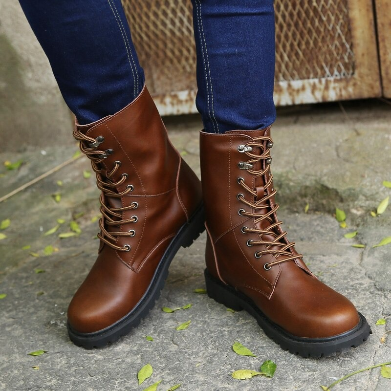 Brown high top men's leather military combat boots with lace-up design, perfect for casual style and comfort.