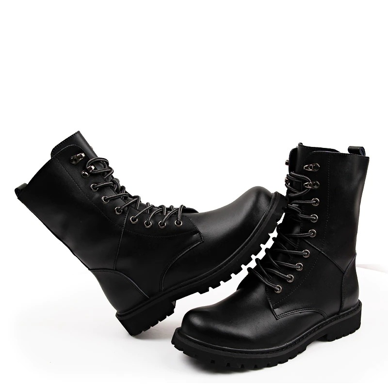 Men's black leather high top military combat boots with lace-up design and durable sole.