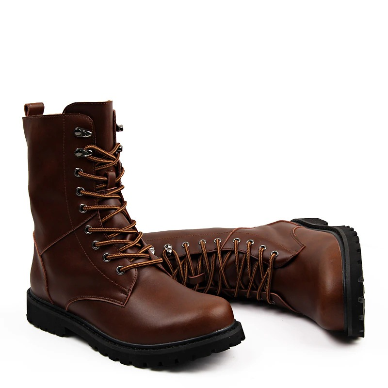 Brown high top men's leather combat boots with lace-up design, perfect for casual and military styles.