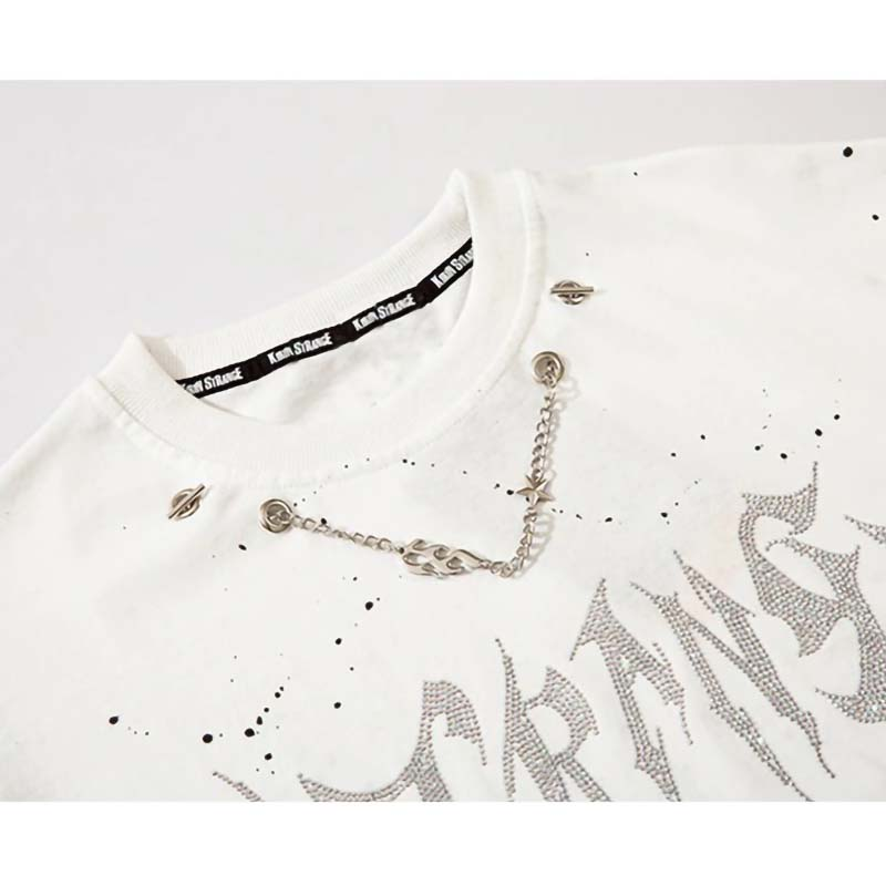 White punk style sweatshirt with chain detail and diamond letter print, perfect for trendy casual outfits.