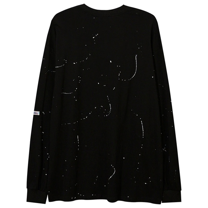 Black long-sleeve men's sweatshirt featuring a trendy speckled pattern, perfect for a casual punk-inspired look.