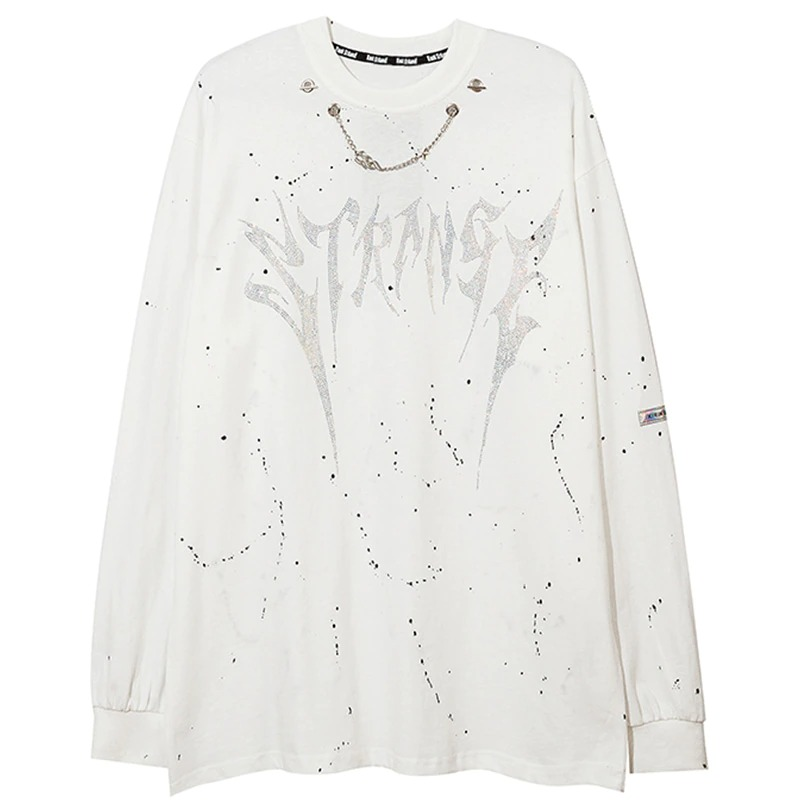 White punk-style sweatshirt featuring a trendy chain and diamond letter print for men, perfect for casual wear.