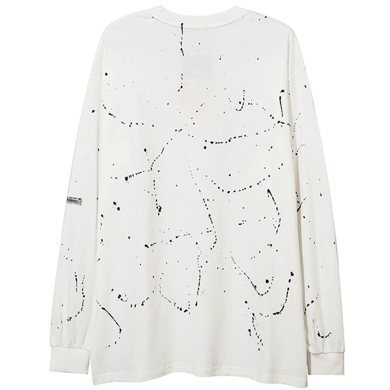 Back view of a trendy white long-sleeve sweatshirt with abstract black splatter design, perfect for casual punk fashion.