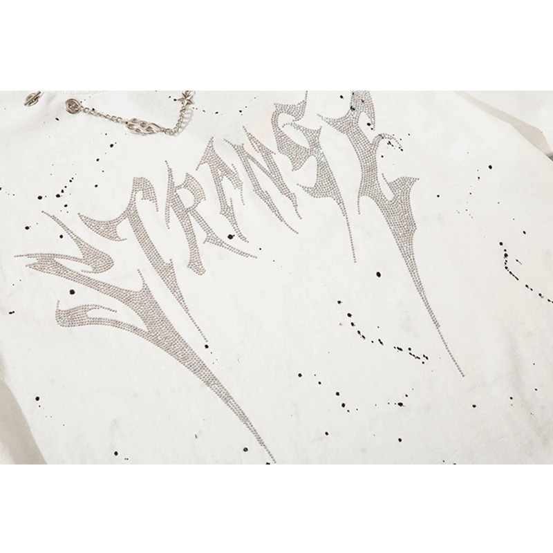 Close-up of punk style men's O-neck sweatshirt featuring diamond letter print and chain detail.