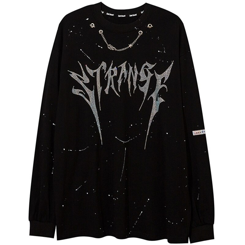 Fashion Men's O-Neck Sweatshirt with Chain / Punk Style Diamond Letter Inkjet Printed Pullover - HARD'N'HEAVY