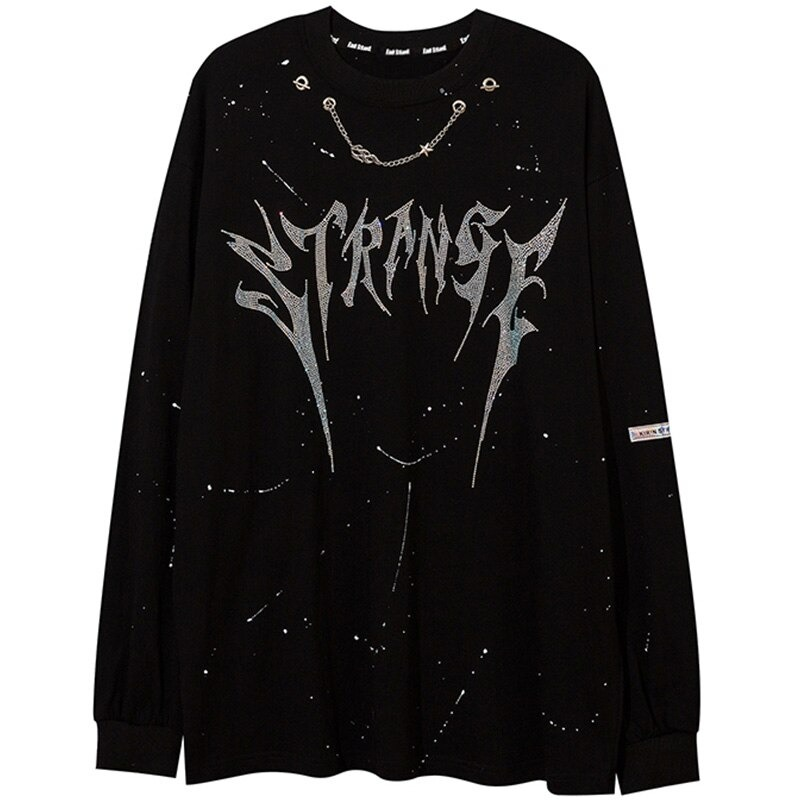 Men's punk style black sweatshirt featuring chain detail and diamond letter print for a trendy look.