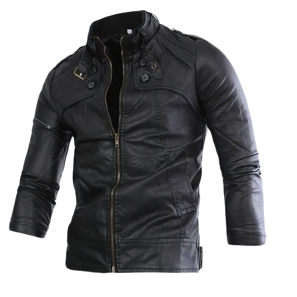 Men's black PU leather biker jacket with fitted cut, stylish design, and practical zippers and pockets.