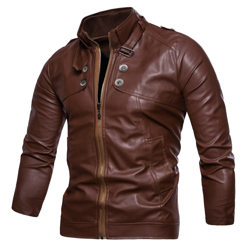 Fashionable men's brown PU leather zipper jacket with stylish buttons and fitted design, perfect for bikers.