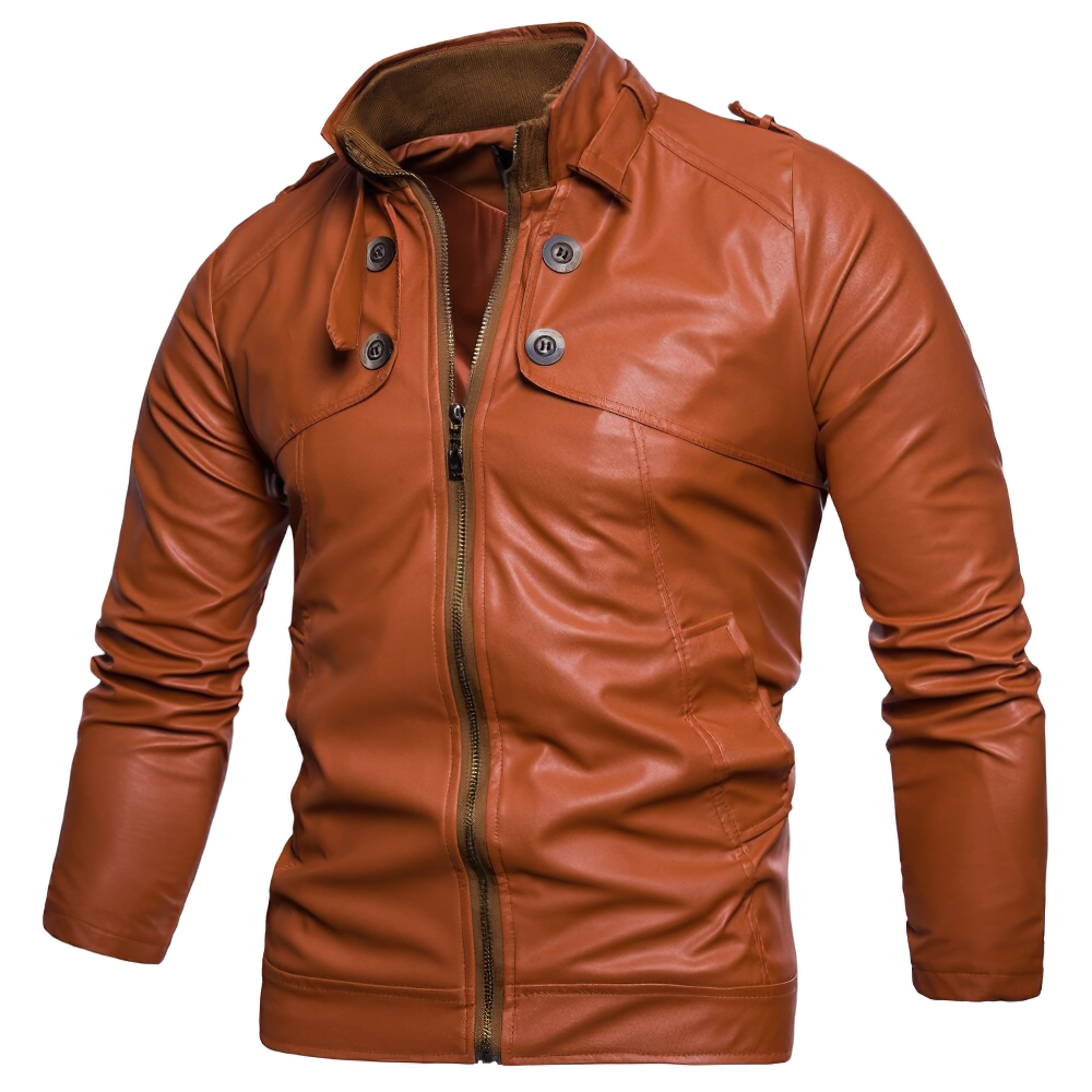 Men's PU leather biker jacket in stylish brown, featuring a zipper and practical pockets for a fashionable look.
