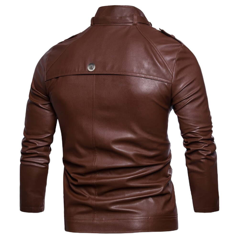 Back view of a stylish brown PU leather biker jacket with a fitted cut and button detail for men.