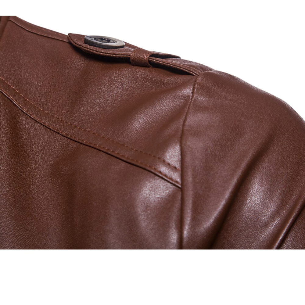 Close-up of a men's brown PU leather jacket featuring stylish stitching and button detail, perfect for bikers.