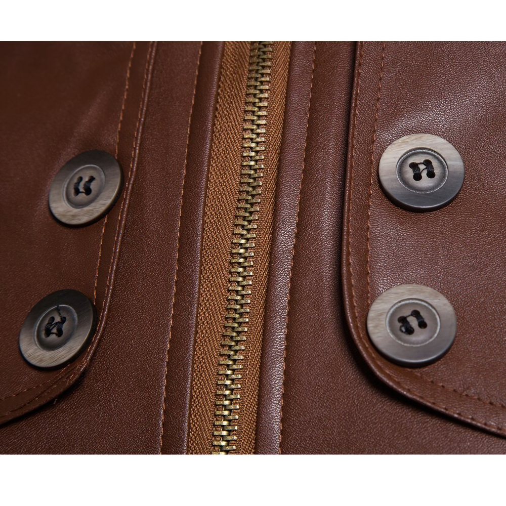 Close-up of brown PU leather zipper jacket showcasing stylish buttons and durable zipper.