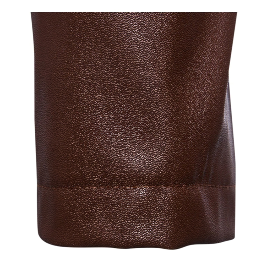 Close-up of the rich brown texture of a fashionable men's PU leather jacket sleeve, perfect for bikers.