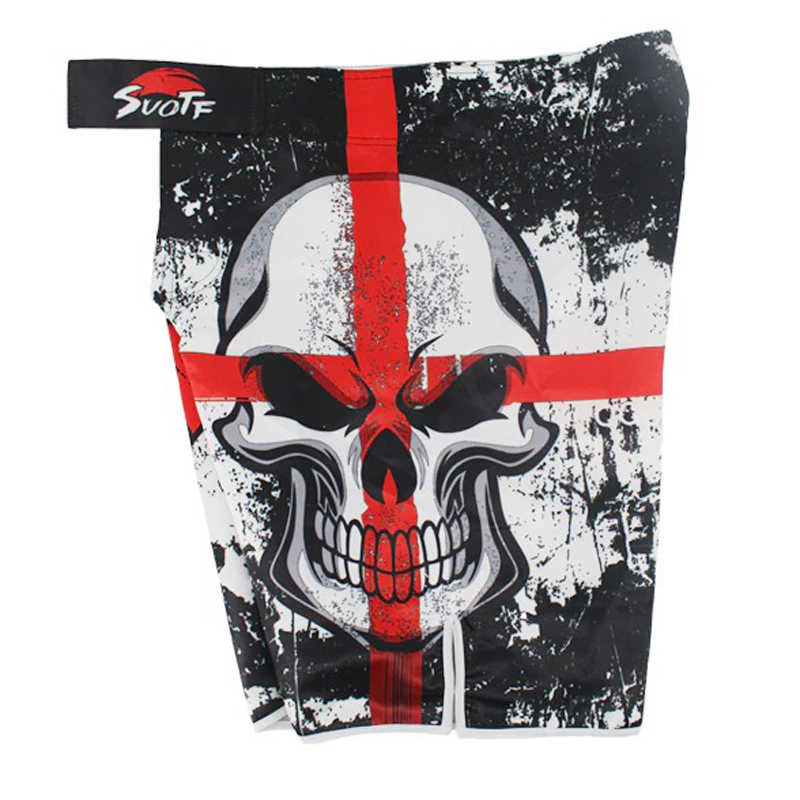 Fashion men's shorts with bold skull print in black, red, and white; perfect for training and casual wear.