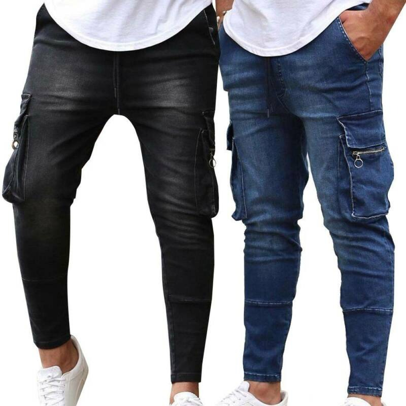 Fashion men's slim jeans in black and blue with multi-pockets, perfect for casual style and comfortable fit.