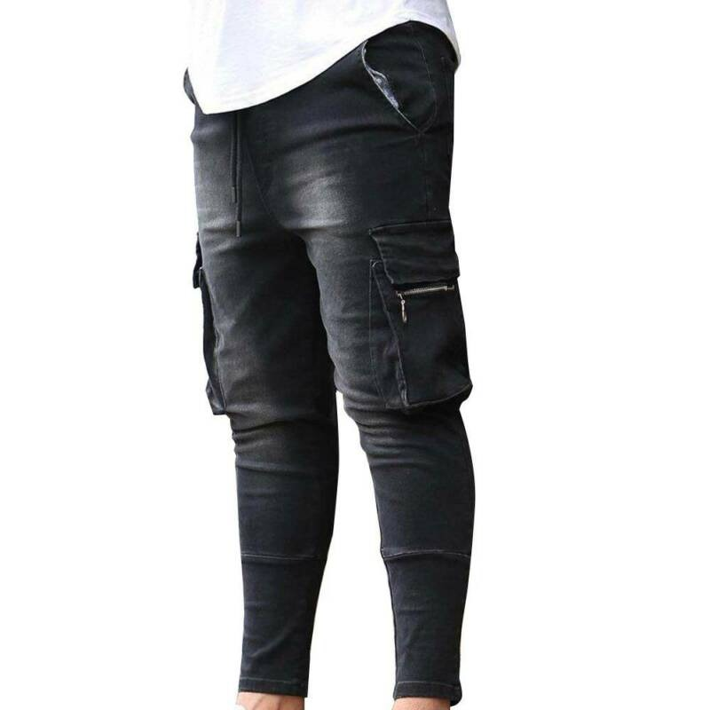Men's slim jeans with multi-pockets in a casual style, featuring an elastic waist for comfort.