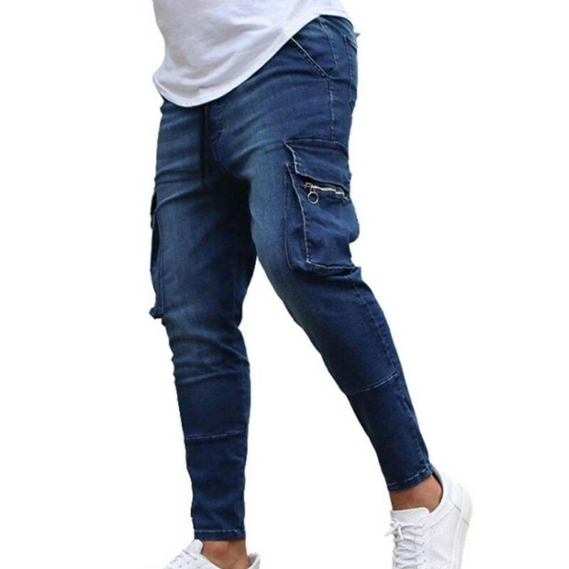 Stylish men's slim jeans with multiple pockets, ideal casual clothing for a trendy look.