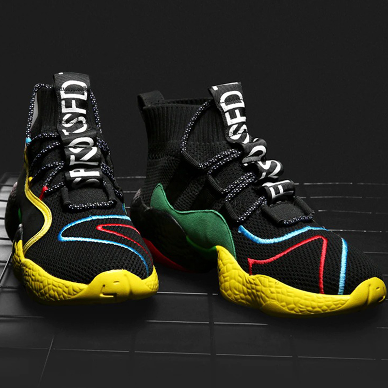 Stylish men's lace-up sneakers with colorful design and breathable mesh for casual walking or athletic wear.