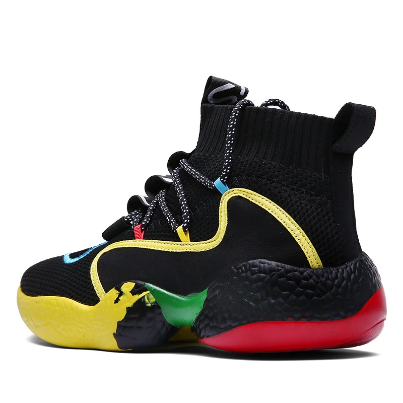Stylish men's sneakers with colorful sole and breathable design for casual walking and athletic activities.