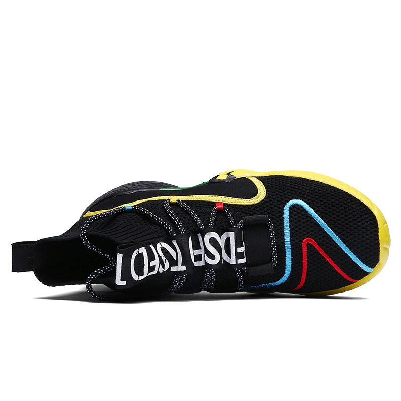 Top view of men's breathable lace-up sneakers in black with colorful accents and light sole for casual walking.