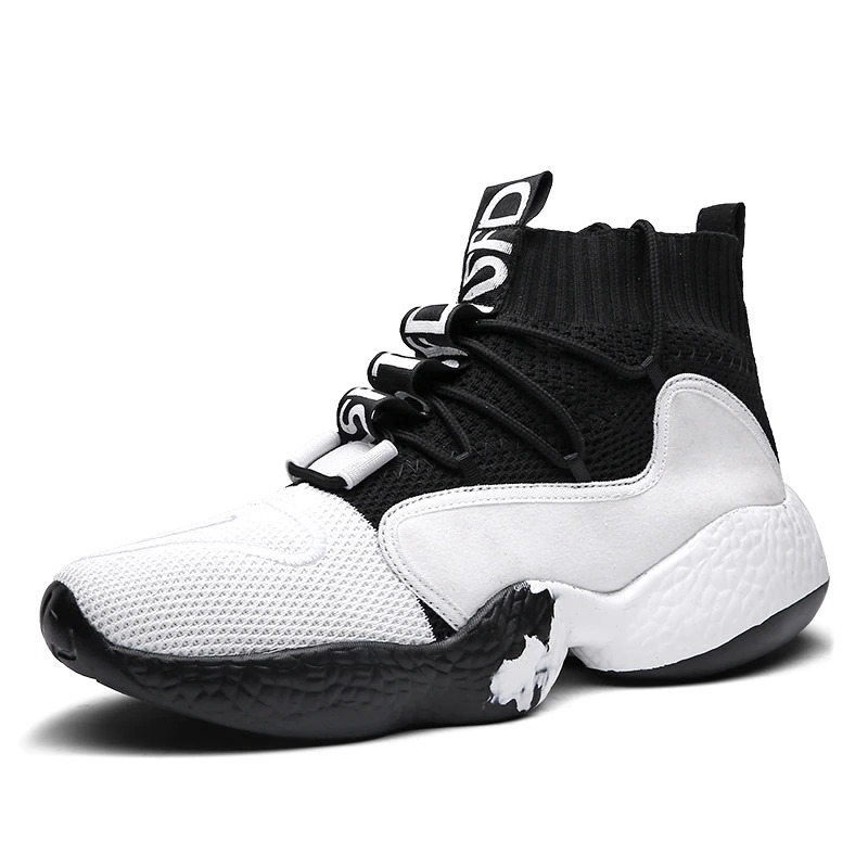 Fashion men's lace-up sneakers in black and white with breathable material and light sole for casual comfort.