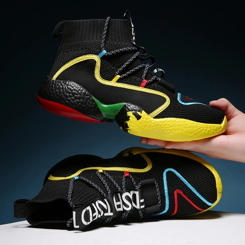 Stylish black and yellow lace-up men's sneakers with colorful accents, perfect for casual walking and breathable comfort.