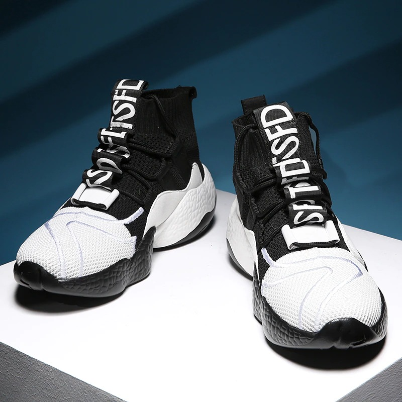 Fashion men's lace-up sneakers in black and white, breathable and casual walking shoes for comfort.
