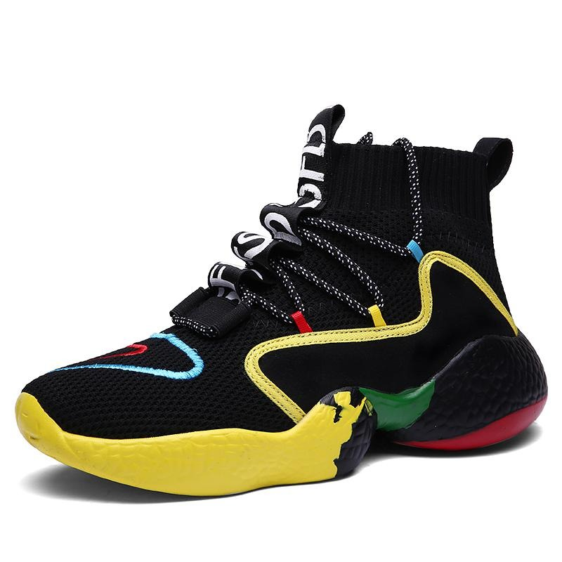Men's trendy lace-up sneakers in black and colorful accents for stylish casual wear and comfortable walking.