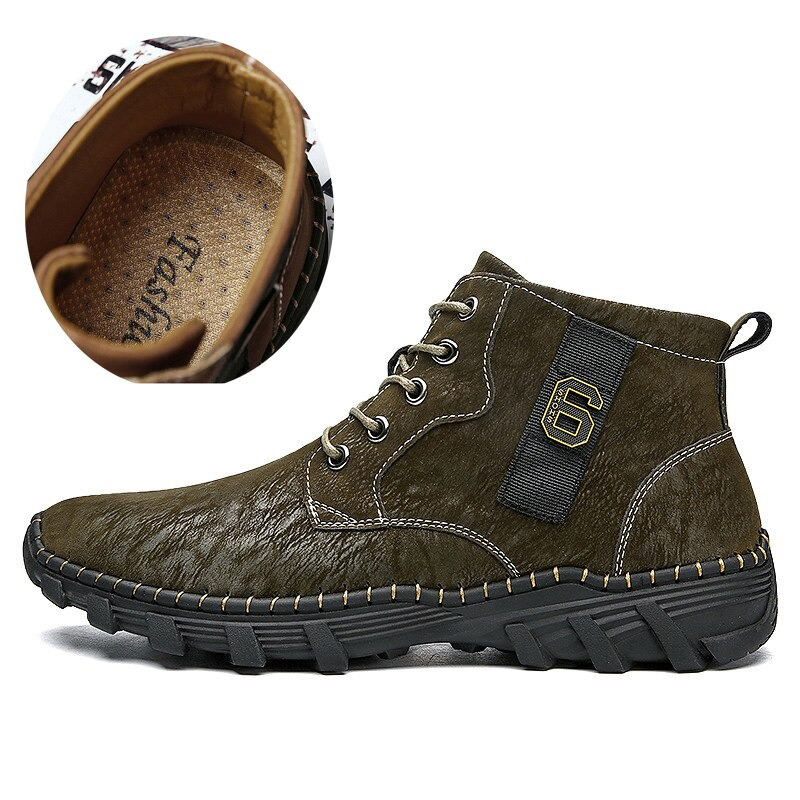Men's soft genuine leather boots in olive green, featuring easy rubber sole and comfortable design for casual wear.