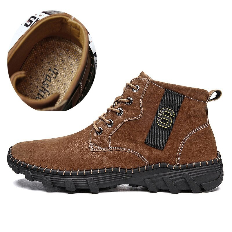 Men's soft genuine leather boots in brown with a rubber sole, ideal for casual wear and all-day comfort.
