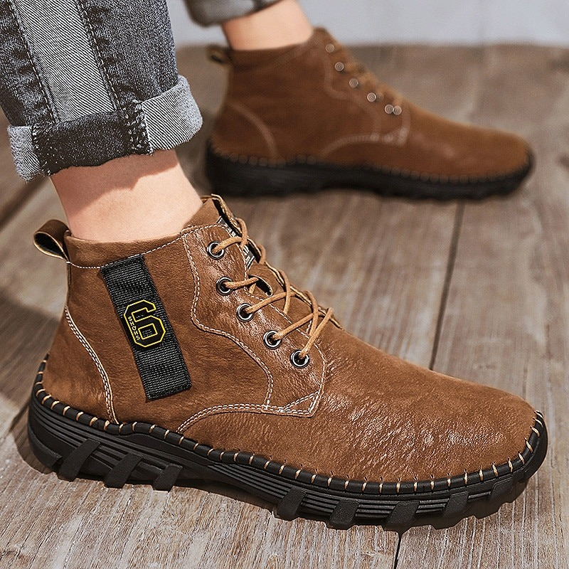 Men's soft genuine leather boots in brown with rubber sole, perfect for casual style and all-day comfort.