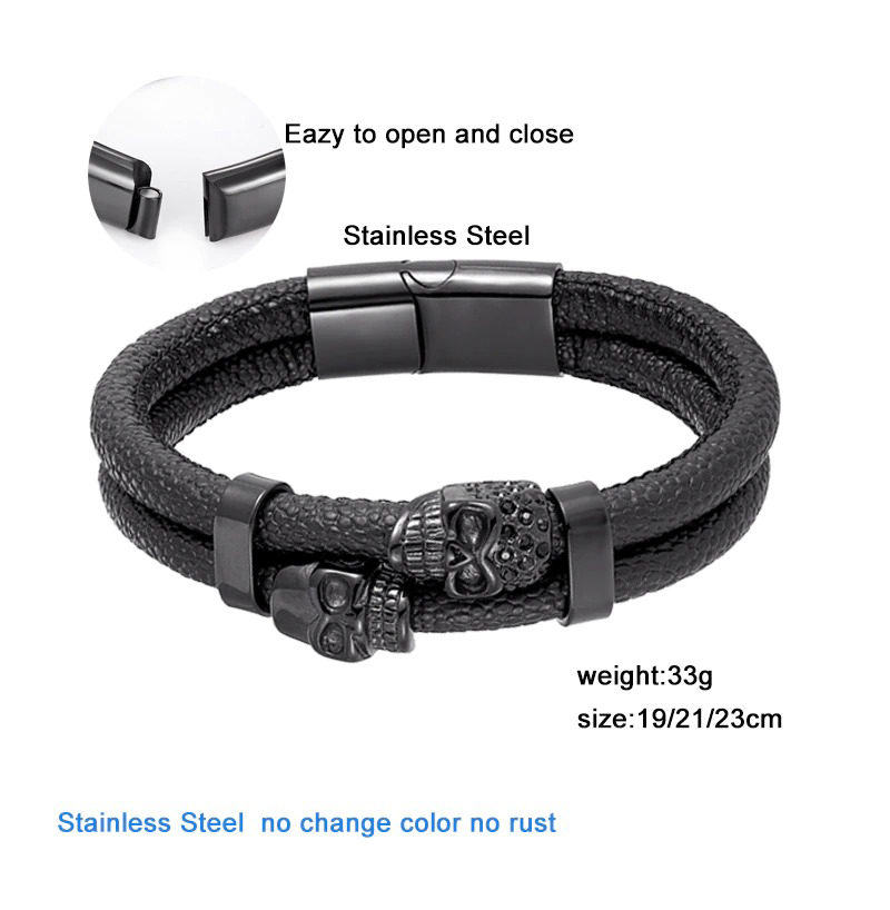 Fashion men's skull bracelet made of genuine leather and stainless steel, featuring a unique magnetic clasp.