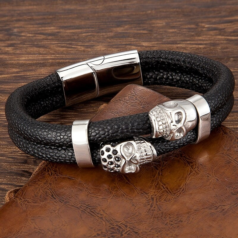 Fashion Men's Stainless Steel Magnetic Clasp Skull Bracelet / Punk Style Genuine Leather Jewelry - HARD'N'HEAVY